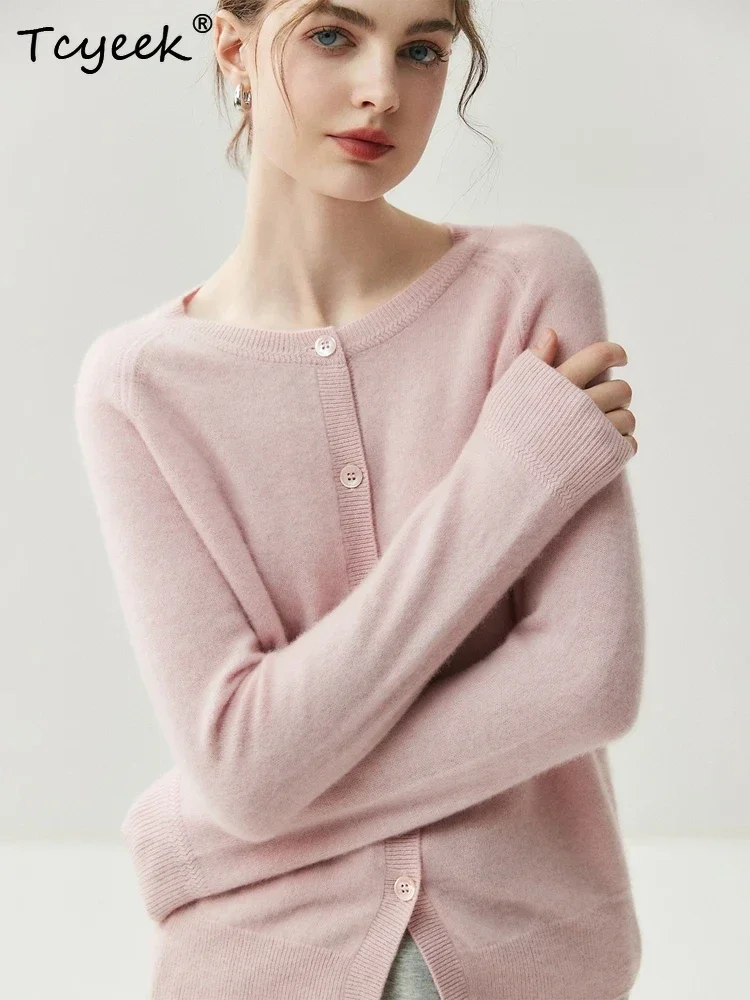 Chic Women's Sweater Cardigan 100% Cashmere Sweater Autumn Winter Long Sleeve Knitwear Clothes O-Neck Versatile Coat Office Lady