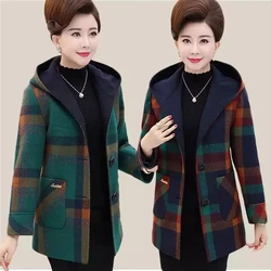 Middle Aged Women Wool Blend Coat Autumn Winter Elegant Plaid Woolen Outwear Fashion Hooded Tops Middle Aged Mother Clothes 5XL