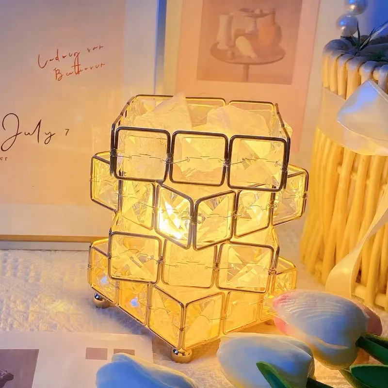 Cross-border Rubik's Cube four-layer crystal tablelamp, natural crystal salt stone bedside atmosphere lamp, decorative tablelamp
