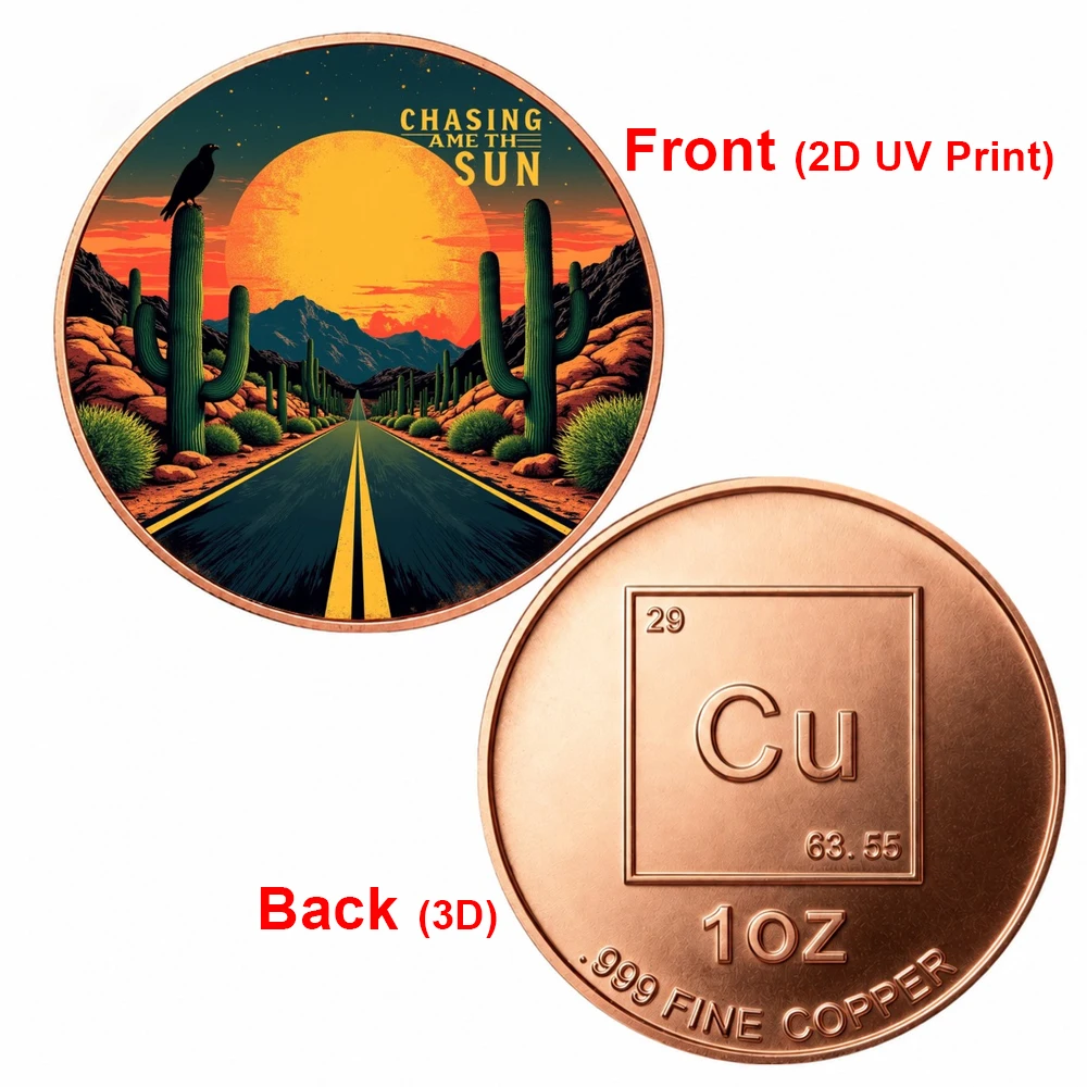 1pc Retro Chasing The Sun 1oz .999 Fine Copper Commemorative Coin 2D Highway Sunset Cactus Crow Collectible Medal Travel Gifts