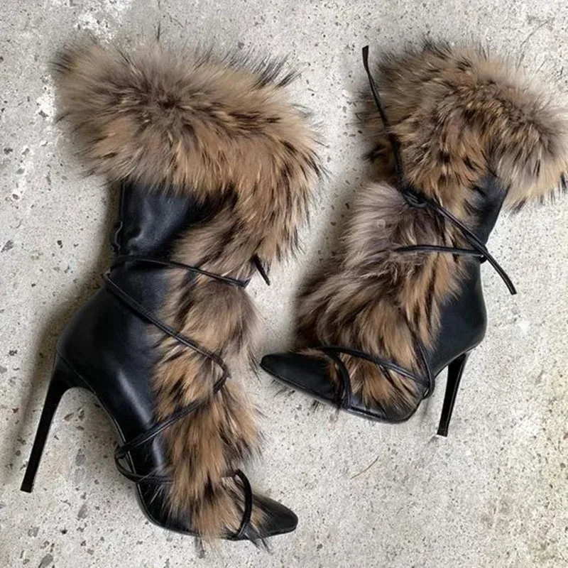 Newest Real Raccoon Fur Lace Bandage Ankle Boots Pointed Toe Black Leather High Heels Spring Winter Stage Boots