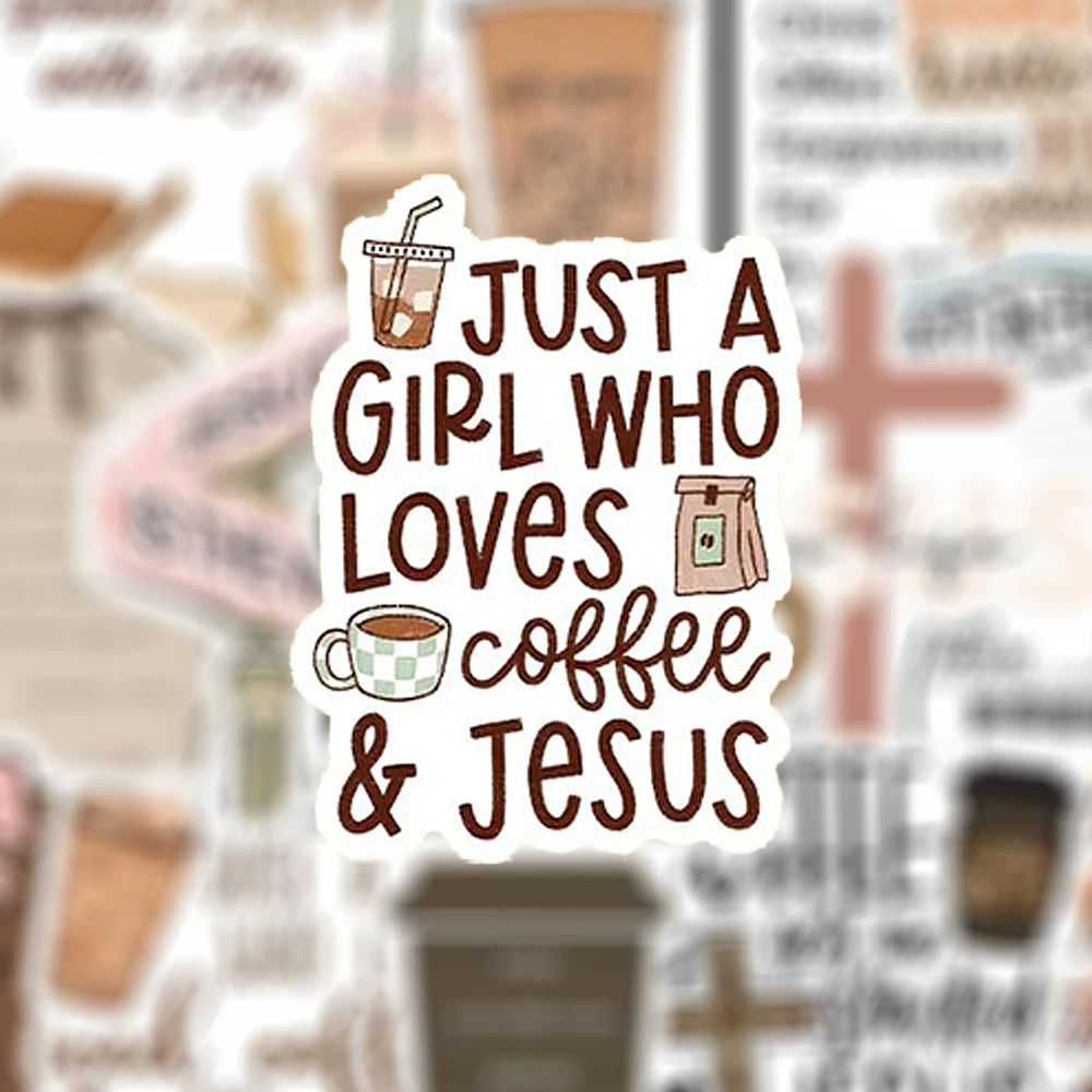10/30/50pcs Bohemian Style Jesus and Coffee Stickers Cartoon Inspirational Phrase Decals Luggage Phone Laptop Waterproof Sticker