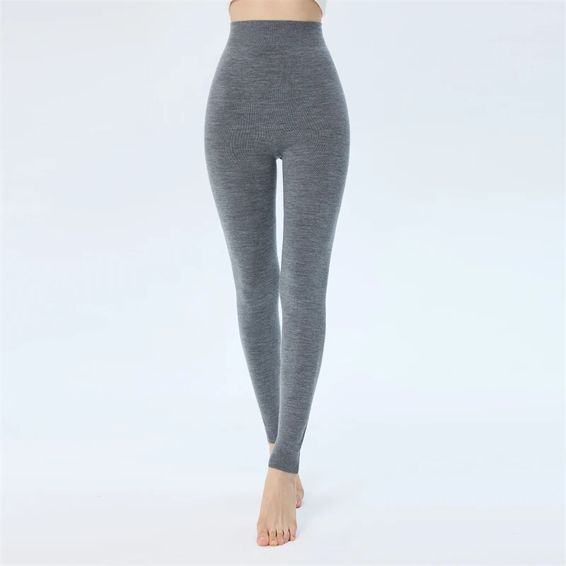 レディース新作100％ピュアウールレギンス、コンピューターニットスリムフィット、ヒップハグ、秋冬無地レディースロングウールパンツ