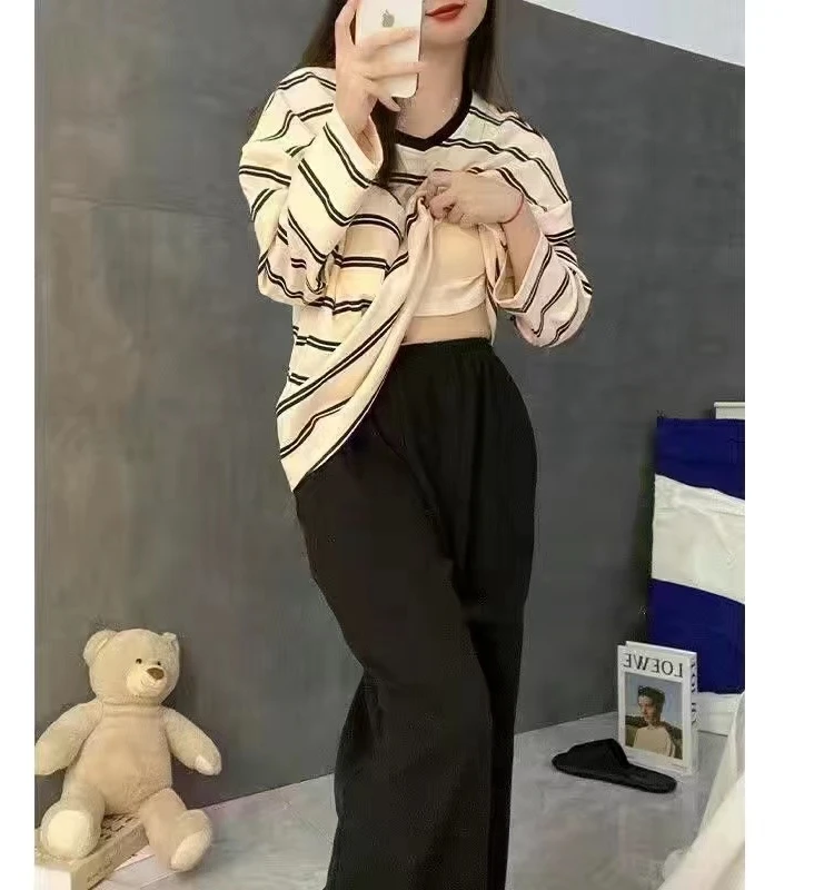 Women's Sleepwear Set with Chest Pad Loose Long Sleeve Home Clothes Black Stripe Pattern Spring Autumn Winter plus Size Outer... 5