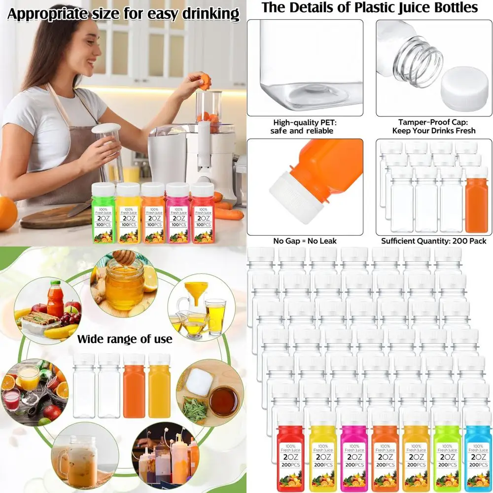

200 штук прозрачных пластиковых бутылок для сока объемом 2 унции с крышками, многоразовые, для имбирного сока, соусов, герметичные контейнеры для напитков, для молока, W