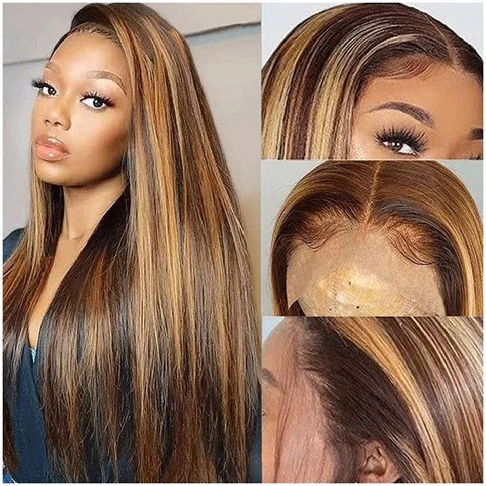 Highlight Straight 13X4 Lace Front Wigs Human Hair Wig Transparent Lace 4/27 Blonde Colored Human Hair Wigs 34 Inch 200% Density