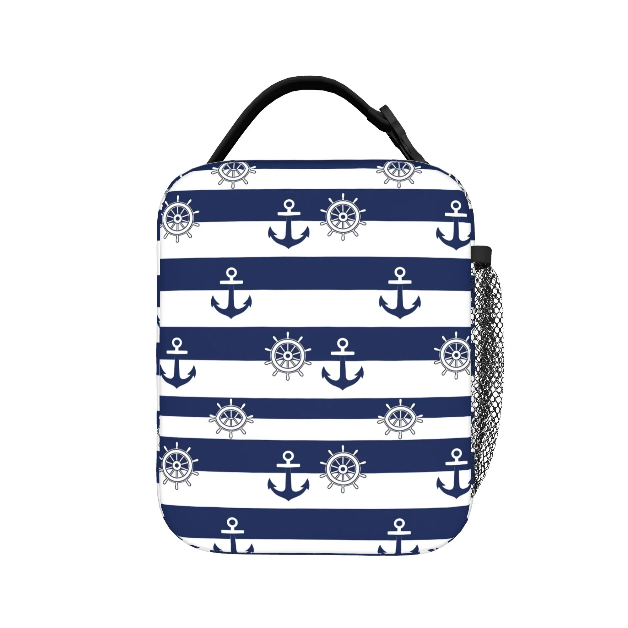 Nautical Blue Anchors With Blue And White Stripes Lunch Bag For Unisex Lunch Box Leisure Office Cooler Bag Thermal Tote Handbags