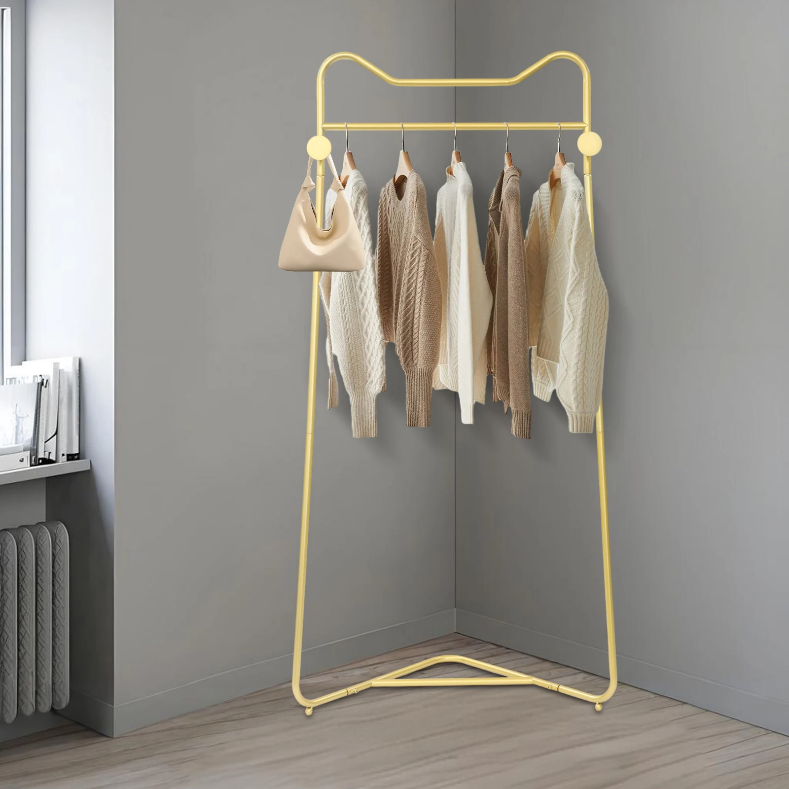 

Gold Modern Corner Coat Rack Steel Pipe Floor Standing 25kg Load Freestanding Clothes Rack for Bedroom