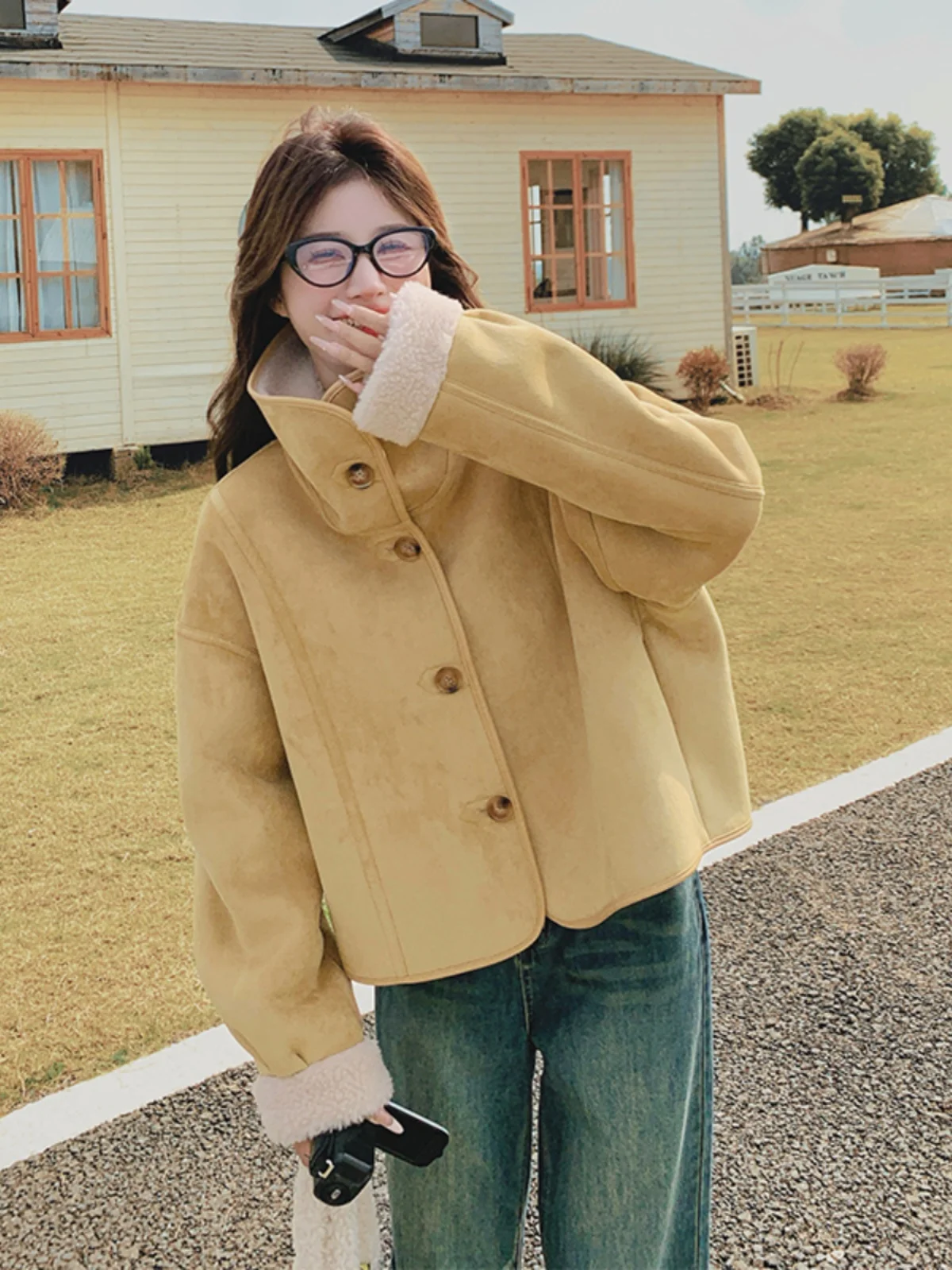 Double-Sided Wear Yellow Lamb Fur Jaet Women's ort Thiened Autumn Winter New Sle Super Beautiful Leather Fur Inteat...