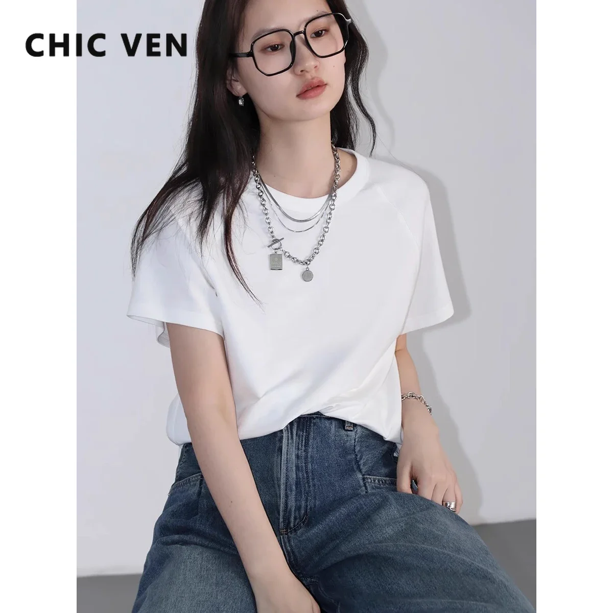 

CHIC VEN Women T-Shirts Slim New Basic Solid Round Neck Raglan T-shirt Versatile Short Sleeve Female Top Summer 2024 Tees