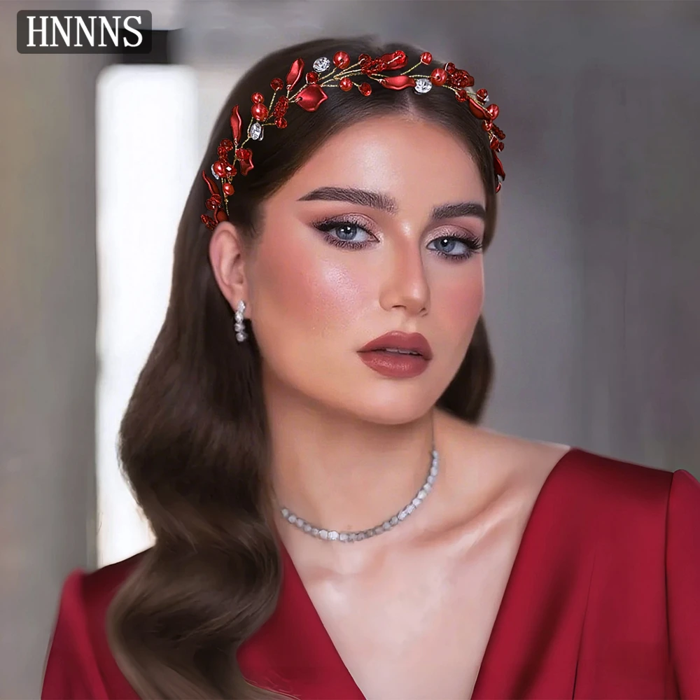 

HNNNS Wedding Dress Red Headband Pearl Leaves Headdress Handmade Woven Hair Hoop Wedding Banquet Party Hair Accessories A350