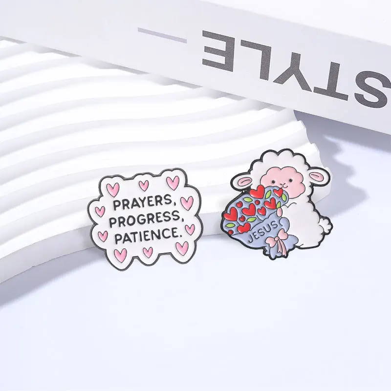 Cartoon Lamb Flower Bouquet Letter Pin Fun Heart Motivational Quotes Metal Badge Clothing Accessories Brooch