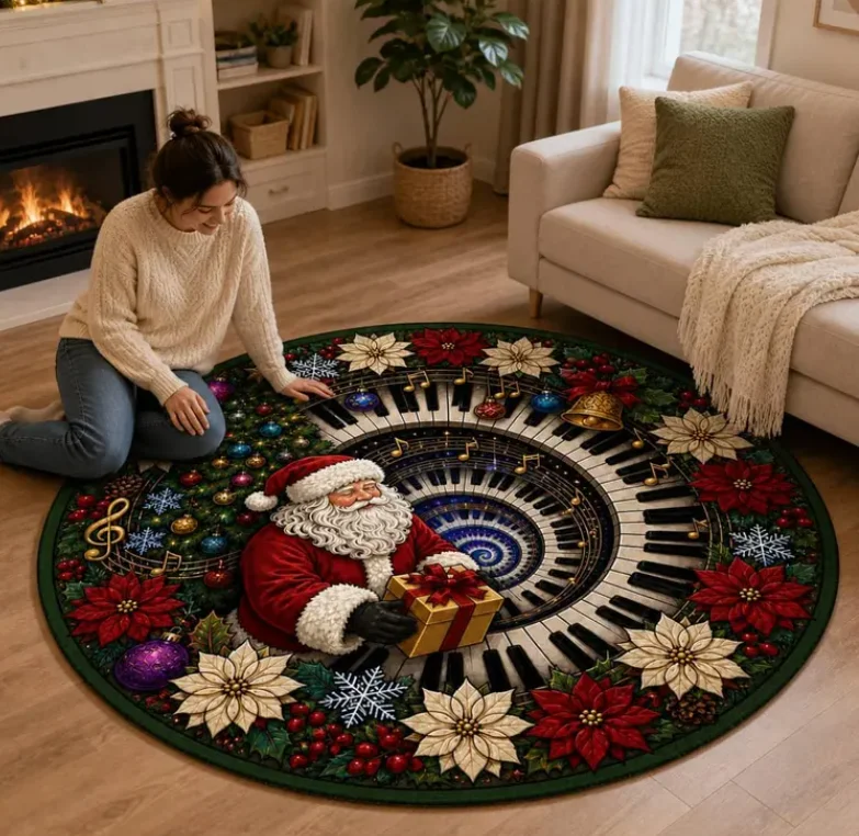 Round Doormat Santa Piano Keyboard Musical Poinsettia Christmas Floor Home Decor Carpet