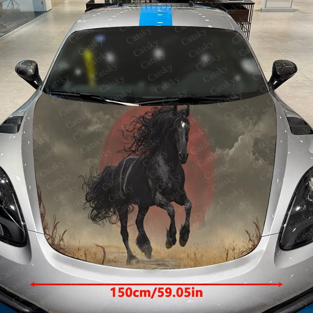 Vintage Pattern Prairie Black Horse Car Vinyl Wrap, PVC Waterproof Car Hood Sticker, Self-Adhesive Scratch-Resistant Stickers