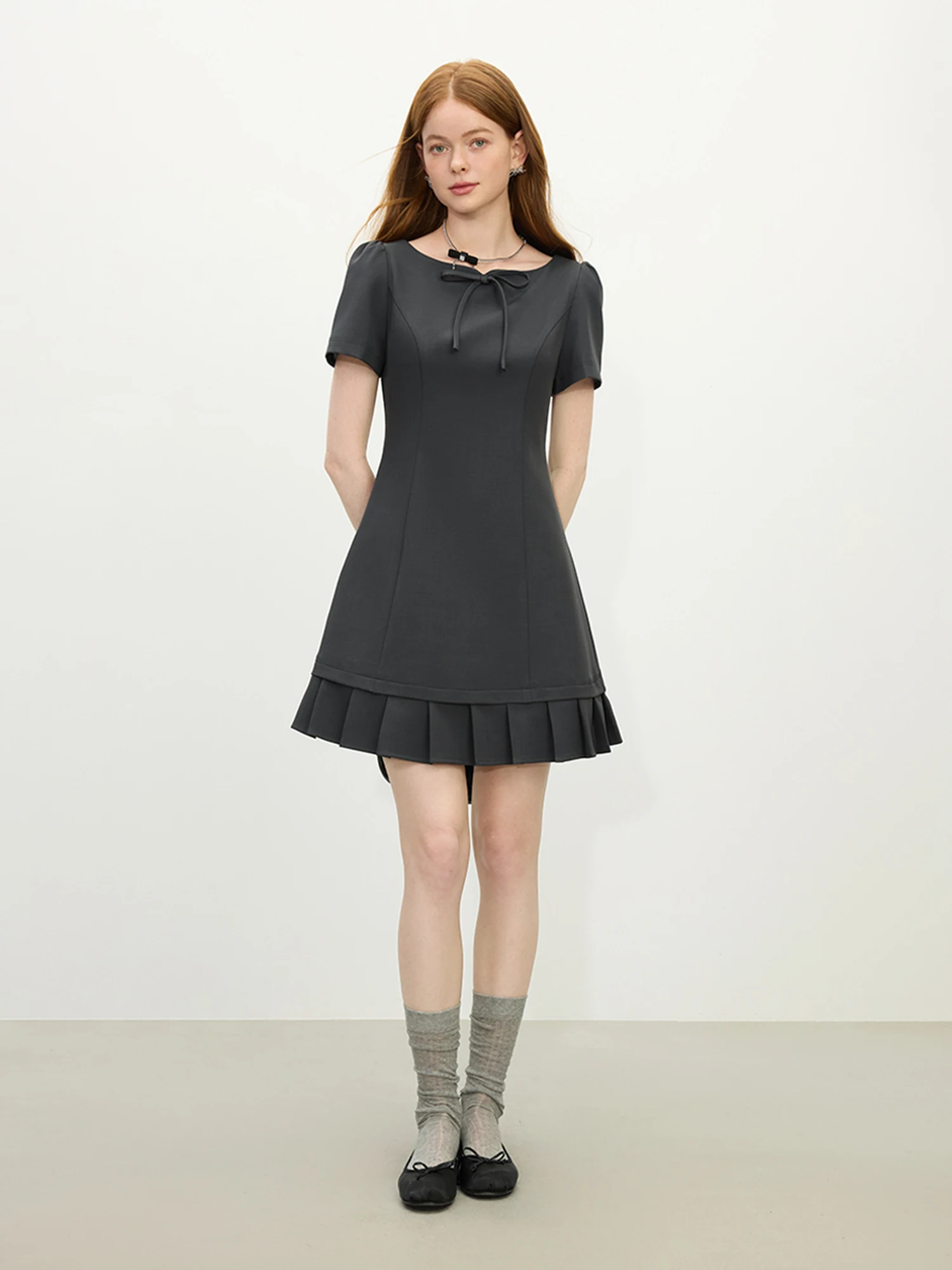 FSLE Women Summer Short Dress Patchwork Pleated Design Short Sleeve Mini Dress Solid Sweet Style Female Dress 25FS12062