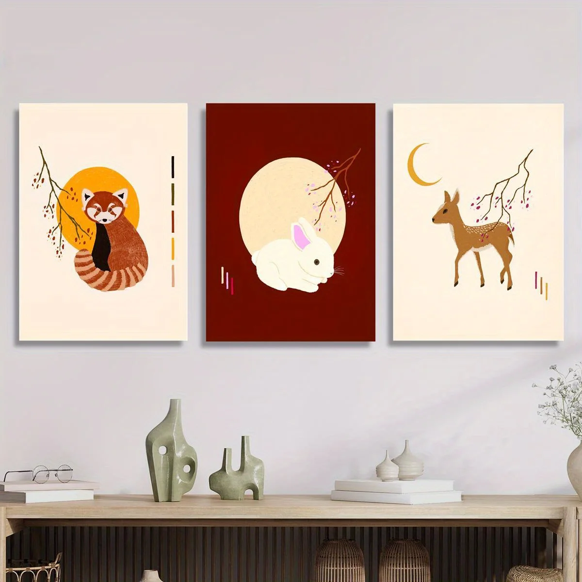 Impresiones en lienzo con marco de madera, arte animal abstracto de inspiración japonesa, ilustración de conejo y ciervo Panda rojo con luna y Sakura, 3 uds.