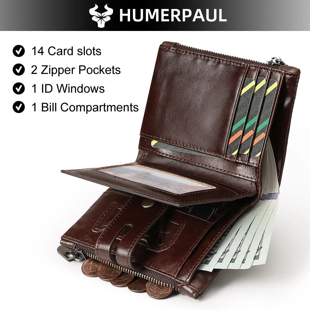 HUMERPAUL Men's Genuine Leather Wallet RFID Card Holder Double Zipper Cowhide Coin Purse Business Carteira