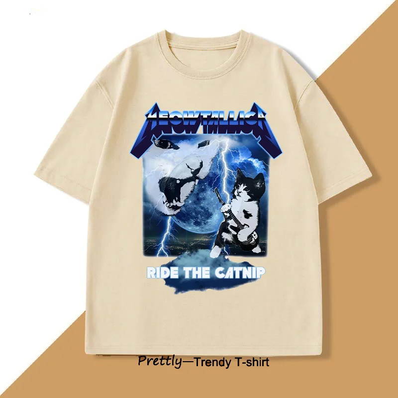 Meowtallica Funny Heavy Metal Band Cats Graphics T Shirts Men Women Cotton Short Sleeve Tshirt Hip Hop Streetwear Mans Clothes