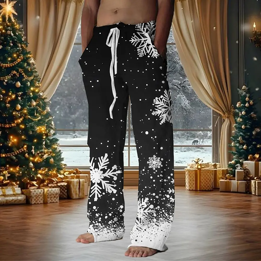 Christmas Men's Snowflake Pants Trousers Casual Pants Drawstring Elastic Waist Casual Outdoor Straight Leg Trousers Spring Fall