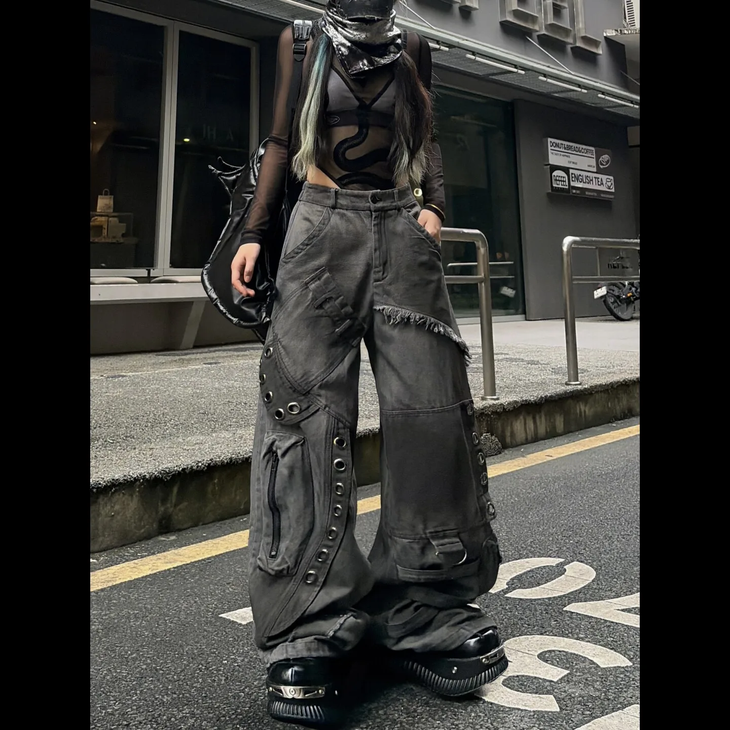 Womens Gray Washed Cargo Jeans Distressed Deconstructed Denim Pants Irregular Edges Metal Details for Hip Hop Dancewear