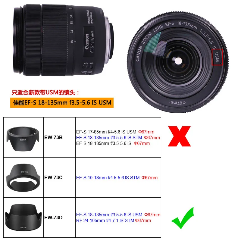 EW-73D Camera Lens Hood for Canon EF-S 18-135mm 1:3.5-5.6 IS USM and RF 24-105mm f/4-7.1 IS STM 67mm Filter Lens