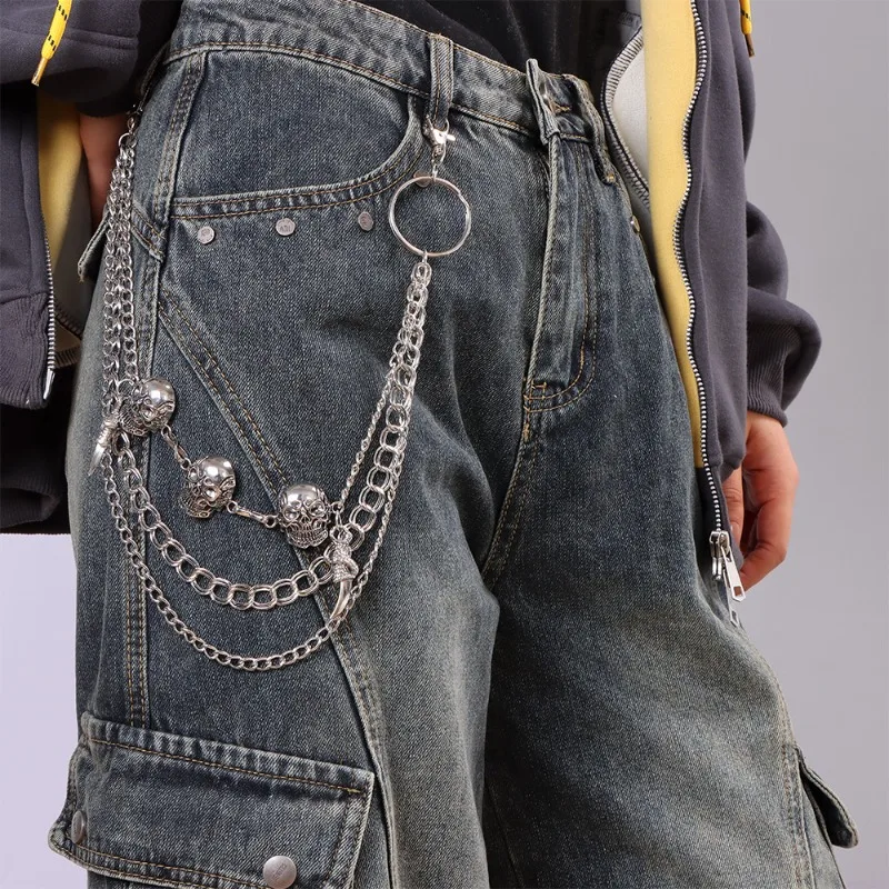 

Винтажная многослойная поясная цепочка с головой скелета, многослойные металлические аксессуары для брюк, готическое украшение, реперский стиль, унисекс, поясная цепочка
