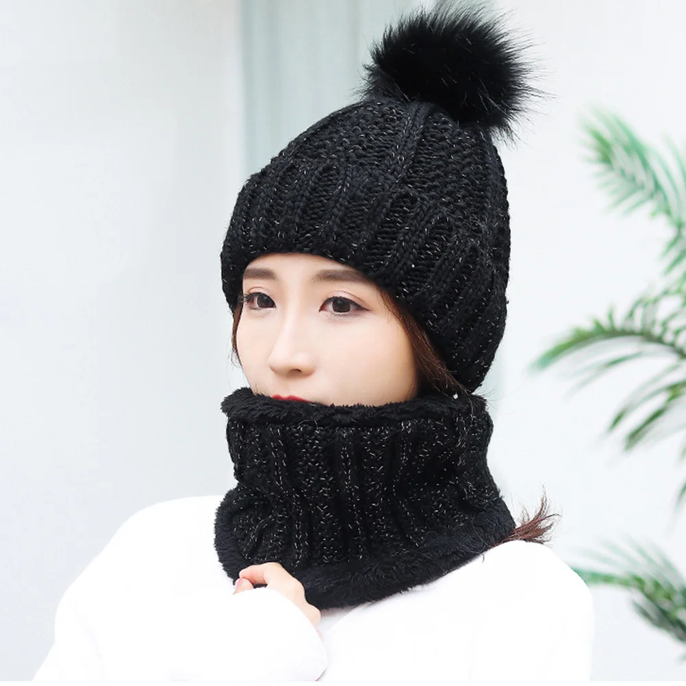 قبعة شتوية محبوكة سميكة للنساء مجموعة وشاح قبعة غزل دافئة للطقس البارد في الهواء الطلق هدية قبعة صوفية سوداء سميكة