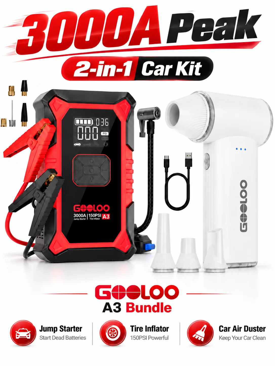GOOLOO A3 12V 3000A Car Jump Starter with 150PSI Air Compressor, LED Light for 9L Gas/6.5L Diesel + GOOLOO F3 150000RPM Electric Air Duster,3-Speed Type-C Fast Charge 4 Nozzles for Car Keyboard Computer,0.45lb White