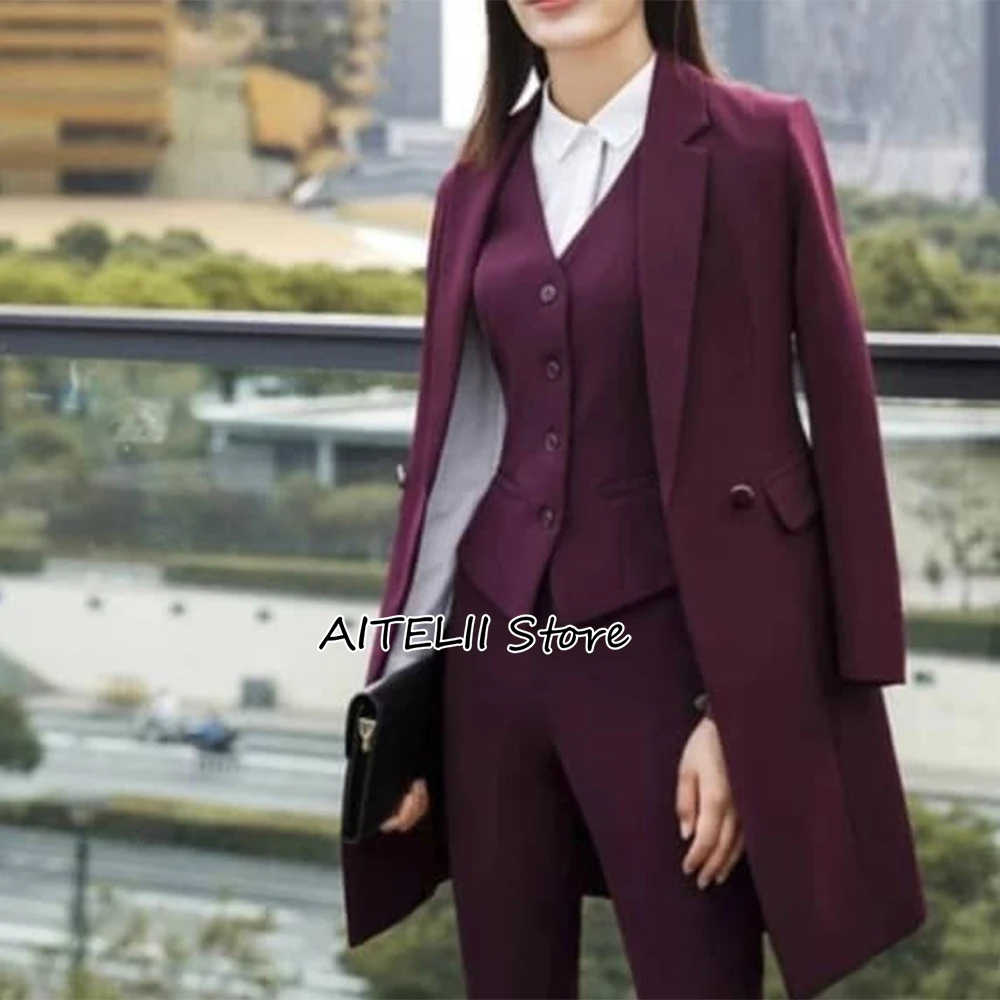 Ladies Office Pantsuit 3 Piece Single Breasted Set Women\'s Dress Suit Long Jacket Blazer Vest Pants Slim Fit Formal Outfits