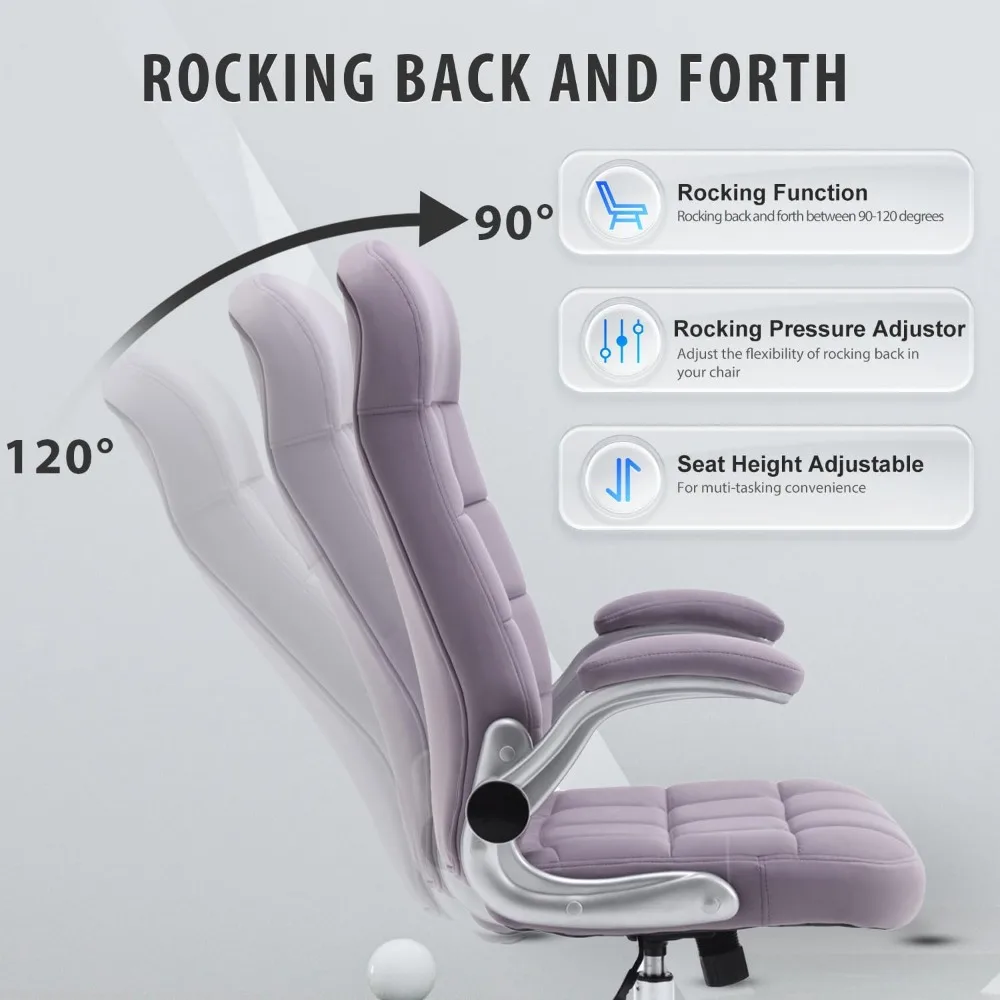 كرسي مكتب من القماش عالي الظهر أرجواني، كراسي مكتب تنفيذية مخملية بأذرع قابلة للطي، كراسي مكتب مريحة مع دعم قطني