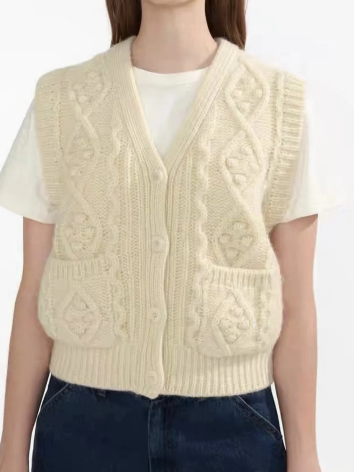 

Brown Wool Knitted Vest Vintage V-Ne Single Button Twist Design Sweater for Women Straight Cut Commute Sle Autumn Winter