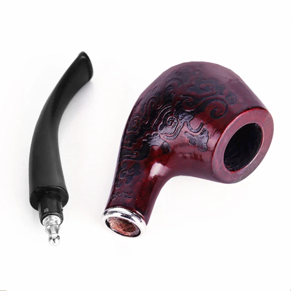 Solid Wood Resin Tobacco Pipe Red Black Pattern Carving Smoke Pipe Elbow Roll Filter Cigarette Holder Herb Grinder Smoking Tools