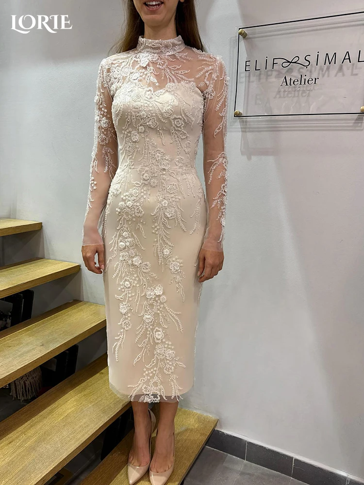 LORIE Elegant Lace Wedding Dresses High Neck Glitter Appliques Long Sleeves Bridal Gowns Elastic Tea Length Bride Dress 2024