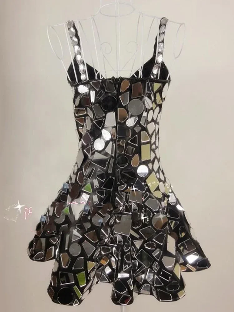 Nightclub Bar Singer Dj Ds Performance Clothing Handmade 2023 Silver Mirror Dress Sexy Stage Costume Women Festival Outfit