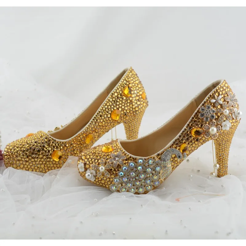 

NewFashion Rhinestones Wedding Women Pumps Flock 6CM Thin High Heels Pointed Toe Slip-On Golden Water Diamond Shoes Woman Autumn