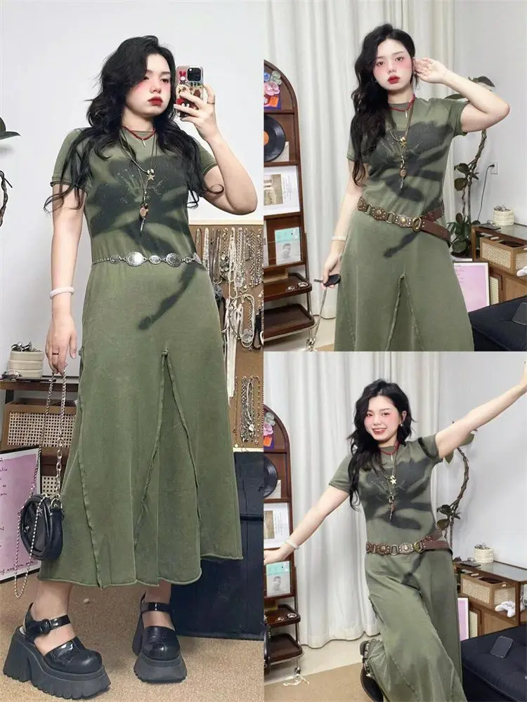 プラスサイズ ヴィンテージ グリーン 花柄ワンピース / レディース 夏新作 スリムウエスト ロングTシャツ / エレガント カジュアル ボヘミアン マキシ丈ワンピース y2k 韓国ファッション