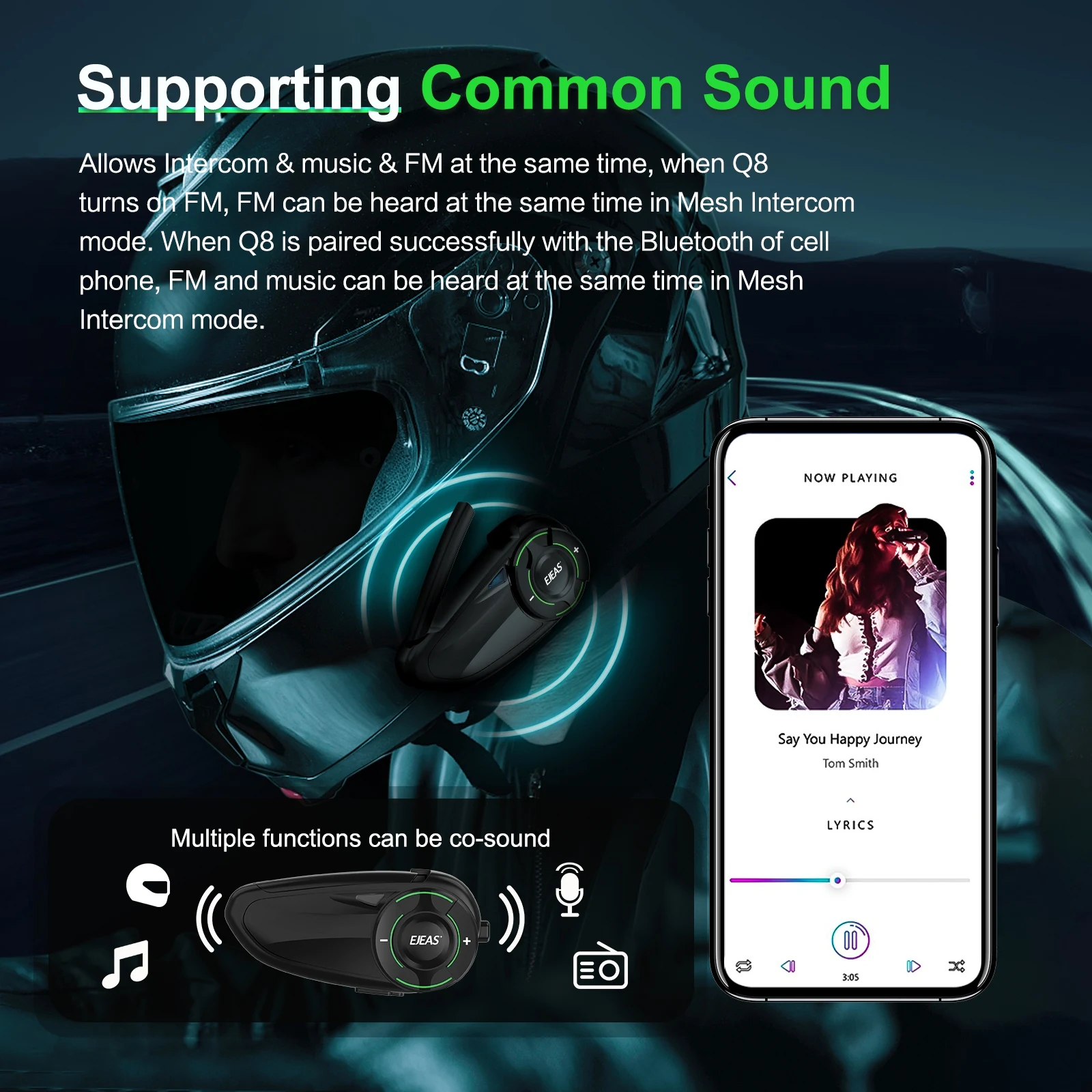 EJEAS Q8 Bluetooth 5.1 Motorhelm Headset Intercom, met EUC Remote Walkie Talkie, voor 6-rijders die op realtime praten IP67