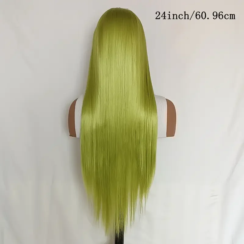Peluca delantera de encaje recta larga verde, línea de cabello pre-arrancada 13X4, peluca sintética sin pegamento