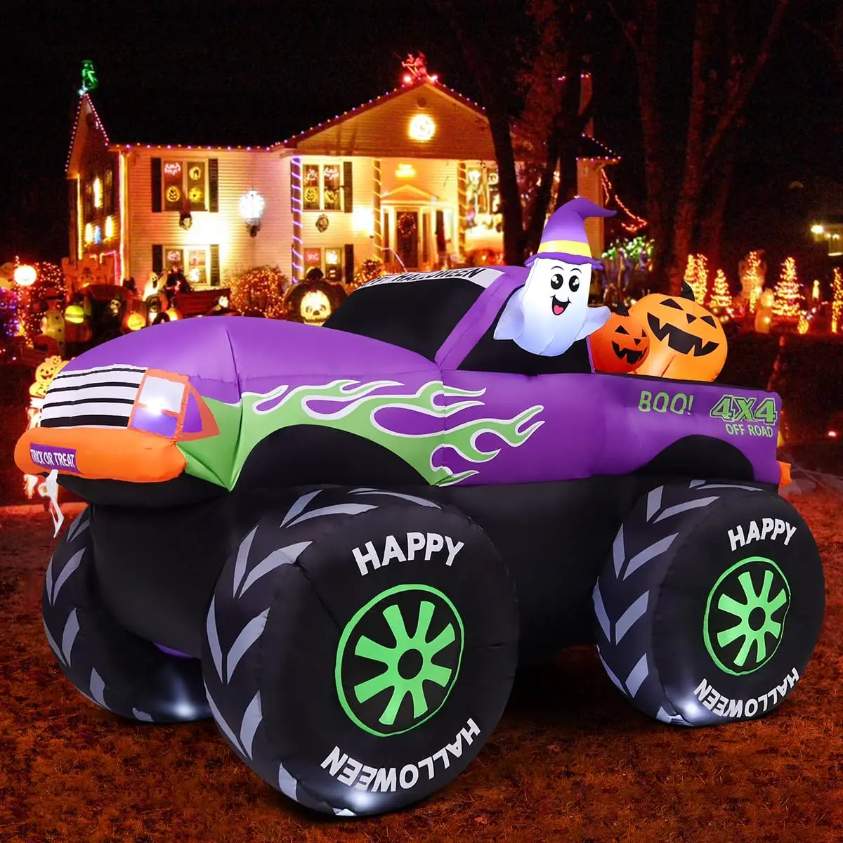 8 FT Long Halloween Inflatables Monster Truck Outdoor Decorations Blow Up Yard Cute Ghost with Pumpkin on Truck Car with