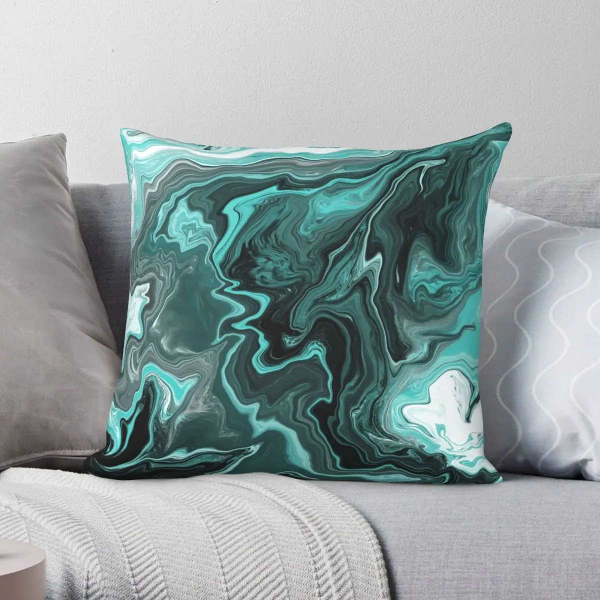 Teal Turquoise Acrylic Pour Painting Pillowcase Polyester Linen Velvet Printed Zip Decor Throw Pillow Case Car Cushion Cover