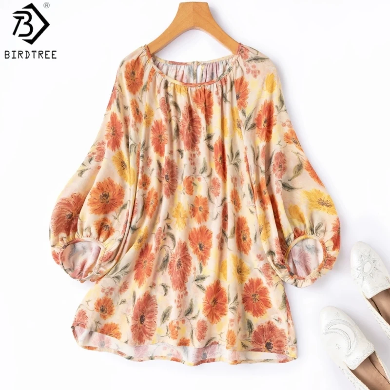 

Birdtree, 100% Real Silk Print Tshirt, Lantern Sleeve O-neck Tops, Women Double Crepe Loose Shirt, 2026 Summer New T65805JF