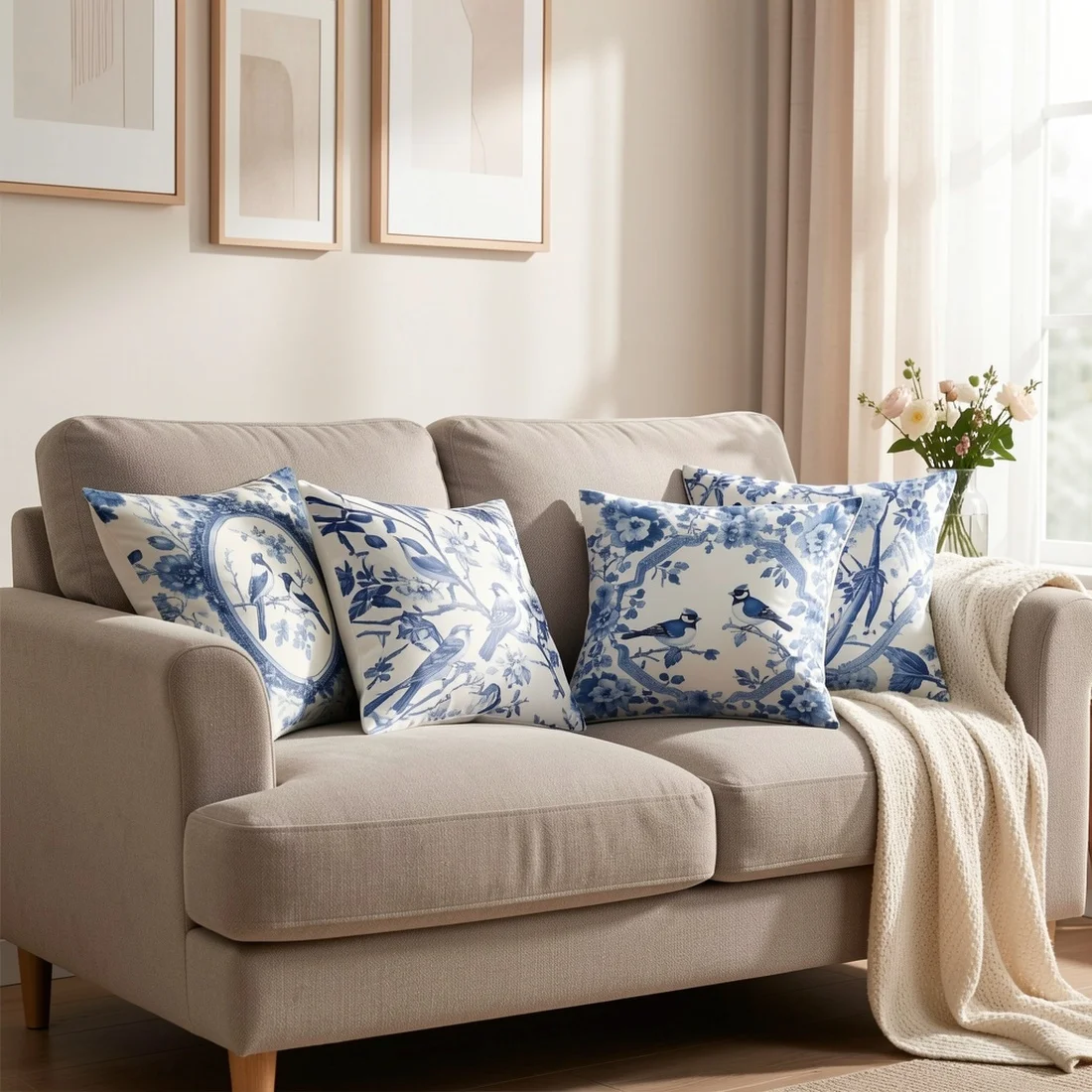 4PCS Digital Print Pillow Covers, Cushion Covers, Blue White Porcelain Flowers Birds Traditional Chinoiserie Outdoor Patio Decor