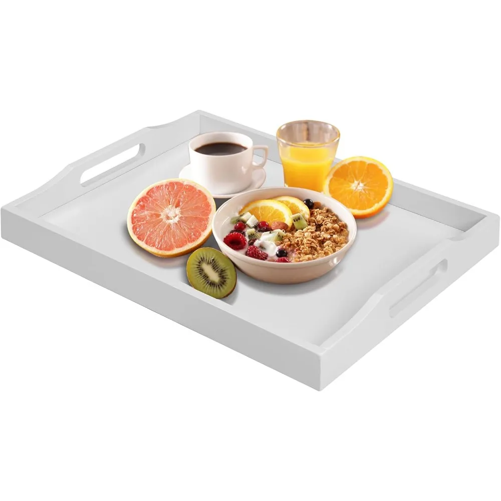 

Bamboo Food Serving Tray with Handles, Breakfast Bed Tray for Tea,Snack,Dinner, Home Decorative Storage Food, Platter, Ottoman for Kitchen Counter, Bathroom, Restaurant (White)