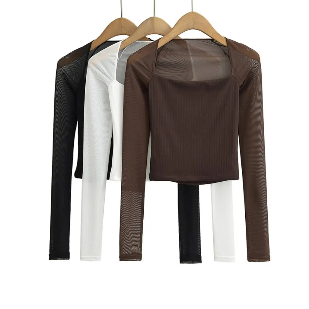 

Fashion Mesh Stitching Long-Sleeved T-Shirt for Women Tight Square Collar Slim Fit Stretch Top for Autumn Winter Hot Girl Style