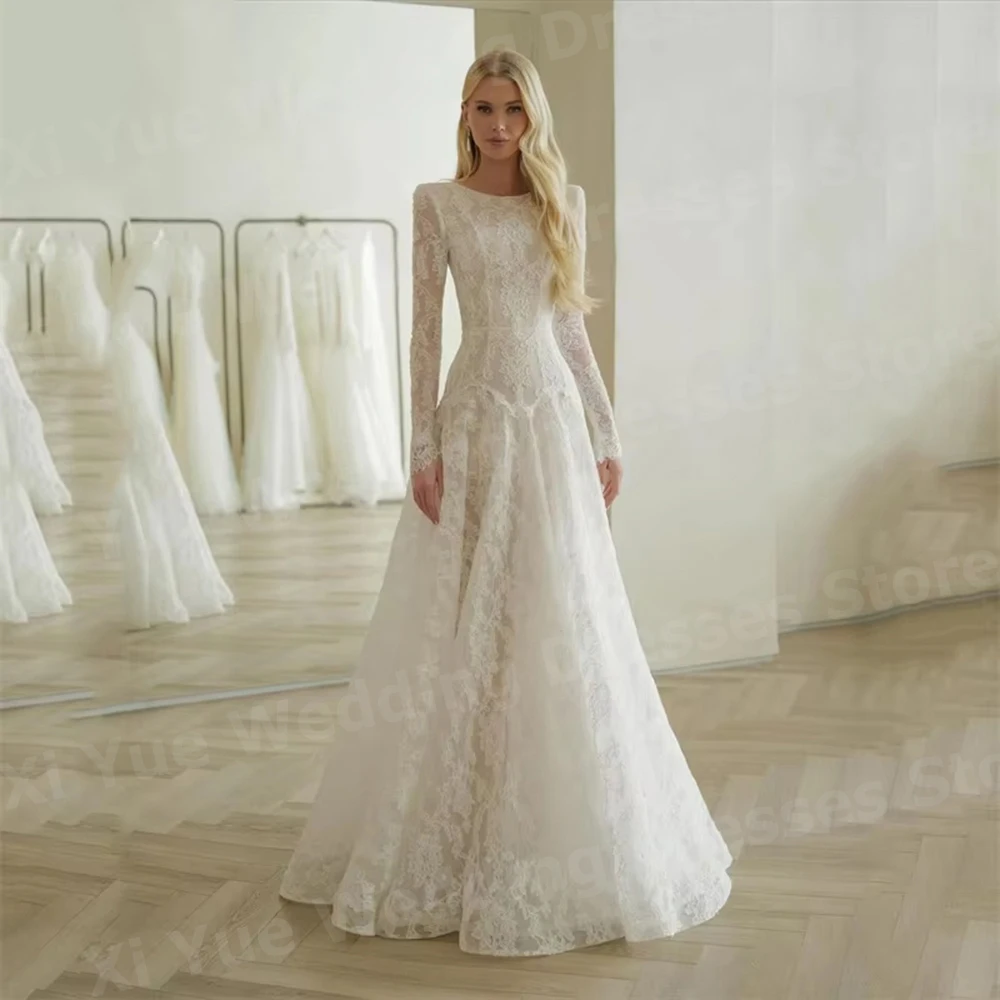 Gorgeous A Line Women's Elegant Long Sleeve Lace Wedding Dresses Vestido De Novia O Neck Bride Gowns Customized Robe De Mariée