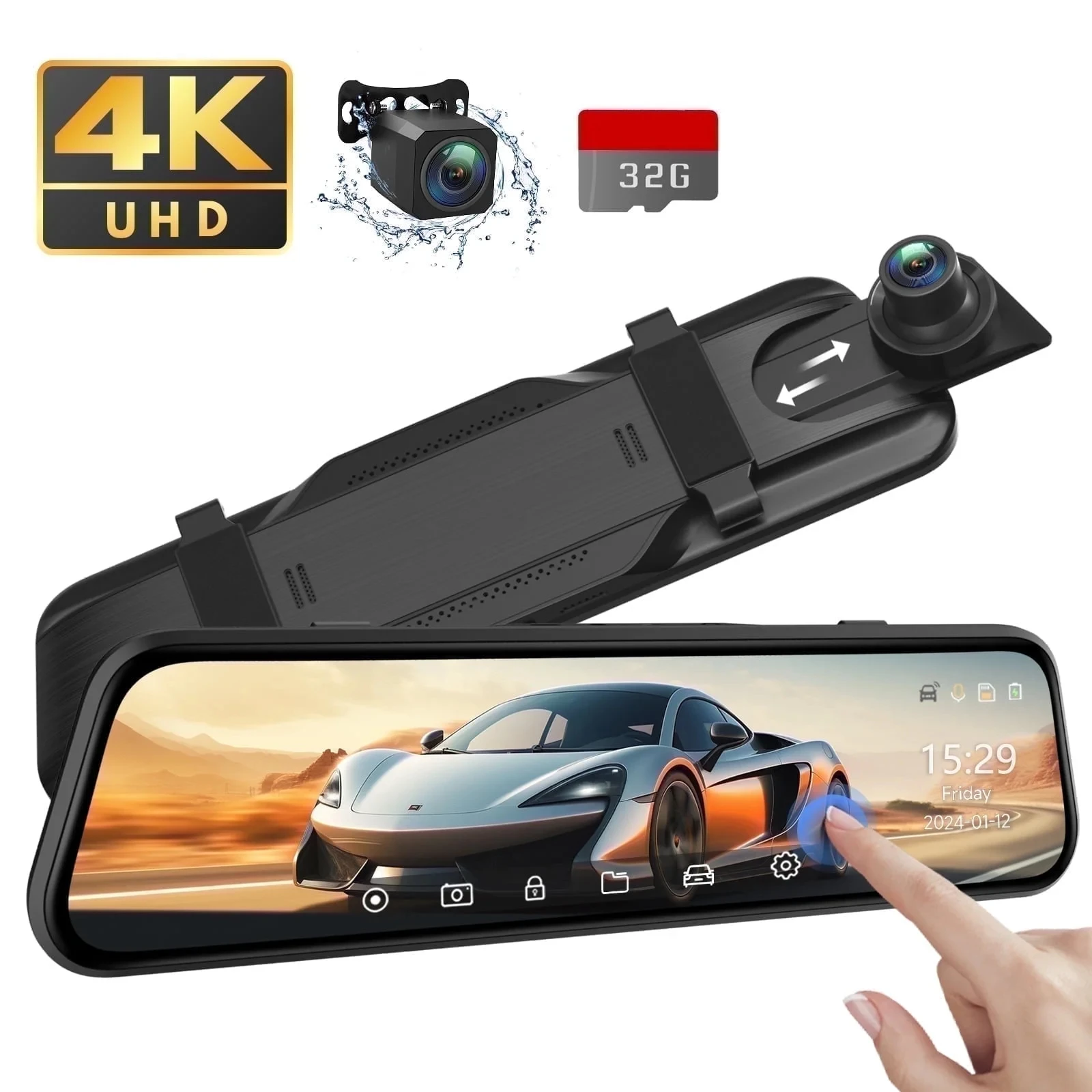 

4K UHD Двухканальный видеорегистратор (фронтальная и задняя камеры), 10-дюймовый сенсорный экран-зеркало, ночное видение, G-сенсор, SD-карта 32 ГБ - Подарок