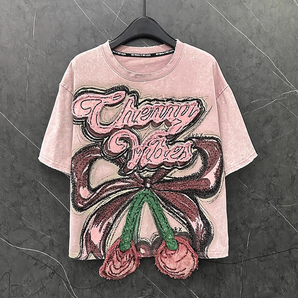 

Футболка больших размеров, летняя новая мода, фруктовая аппликация, расшитая блестками, вышивка, ретро, свободный короткий топ с коротким рукавом, повседневный