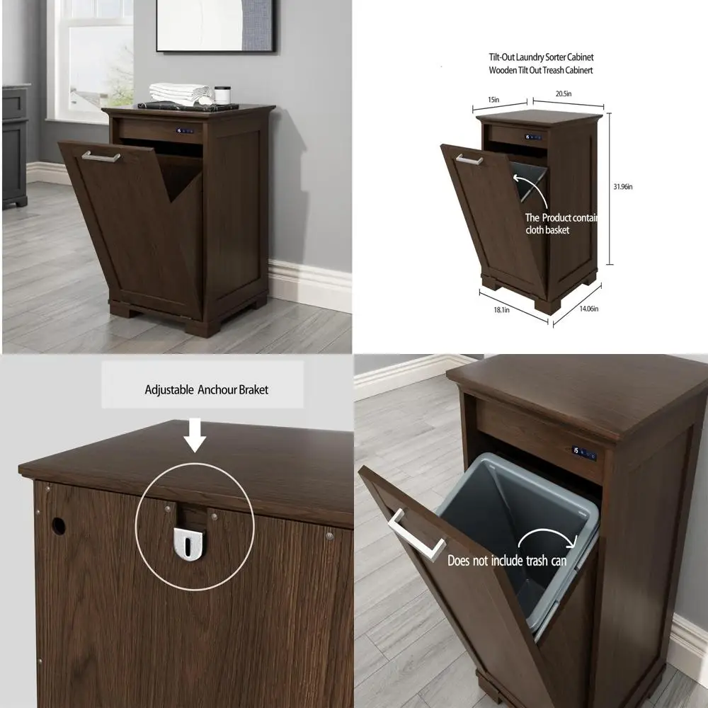 

Отдельно стоящий деревянный кухонный шкаф для мусора, коричневая отделка, наклонный держатель для мусорного бака, компактное решение для хранения