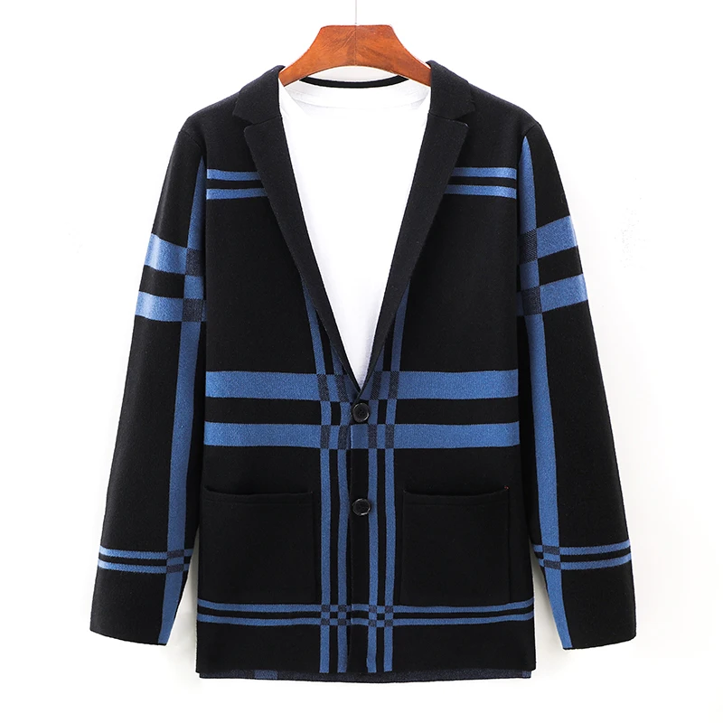 

Designer Quality Men's Suit Collar Knitted Cardigan Autumn Winter New American Plaid Jacquard Jacket Fashion Business Men'swear