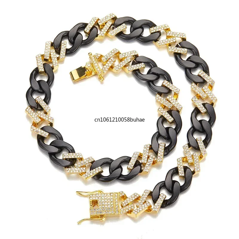 

New 13/15mm Black Acrylic Miami Cuban Link Chain Choker Necklace Gold Silver 2tone Color AAA+ Crystal Men Women Hip Hop Jewelry